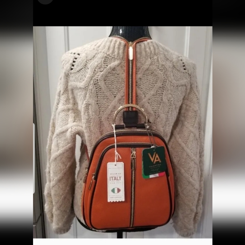 SOLD! 🆕 Valentina Italian Pebbled Leather Orange Backpack Sling/Shoulder Bag - Picture 7 of 14